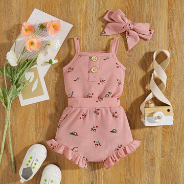 Infant Set Waffle Floral Print Suspenders Three Piece Set