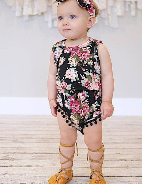 Dark Floral Set Infant Flower Print One-piece Romper Headwear