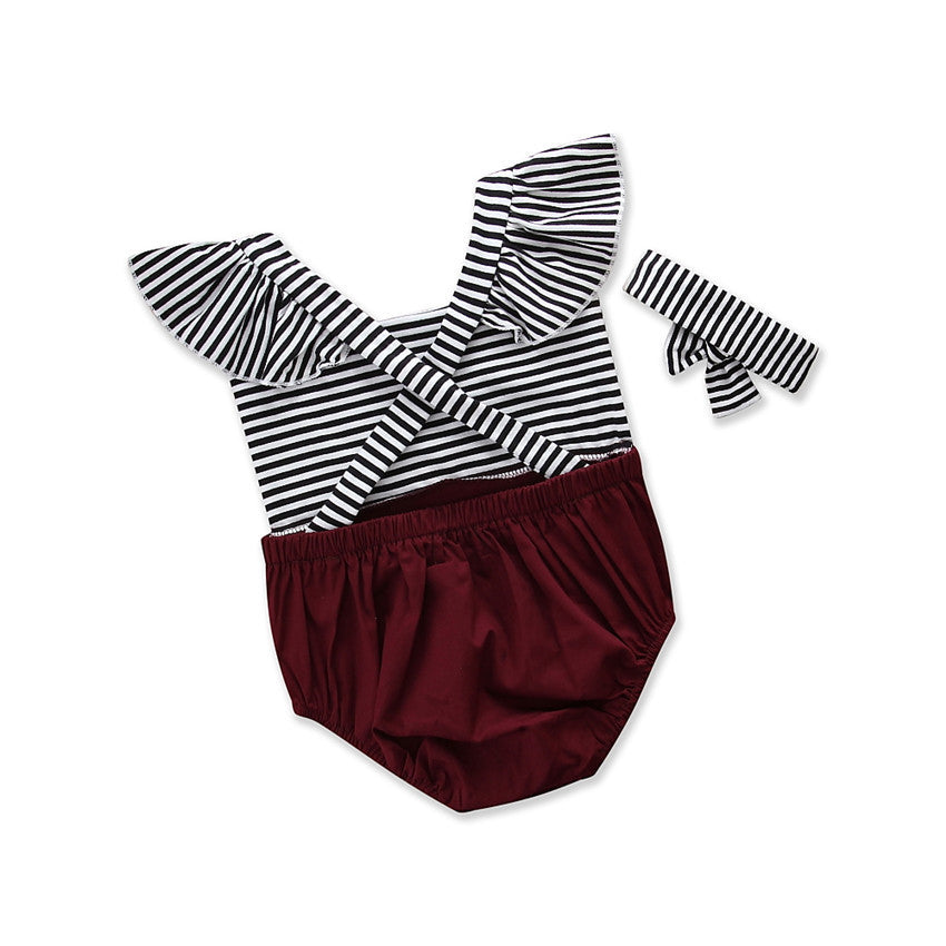 Girls Flying Sleeve Striped Romper + Headband Set