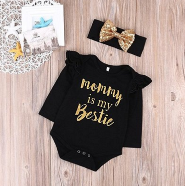 English Letter Baby One-piece 2pcs Set Head Scarf Hip-hop Style Suit