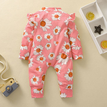 Toddler Girl Sunflower Print Romper Long Fly Sleeve Ruffle Front Hidden Zipper Jumpsuits For Newborn Spring Baby Clothes