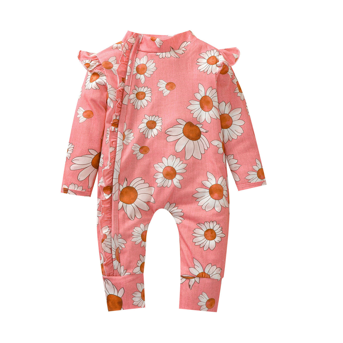 Toddler Girl Sunflower Print Romper Long Fly Sleeve Ruffle Front Hidden Zipper Jumpsuits For Newborn Spring Baby Clothes