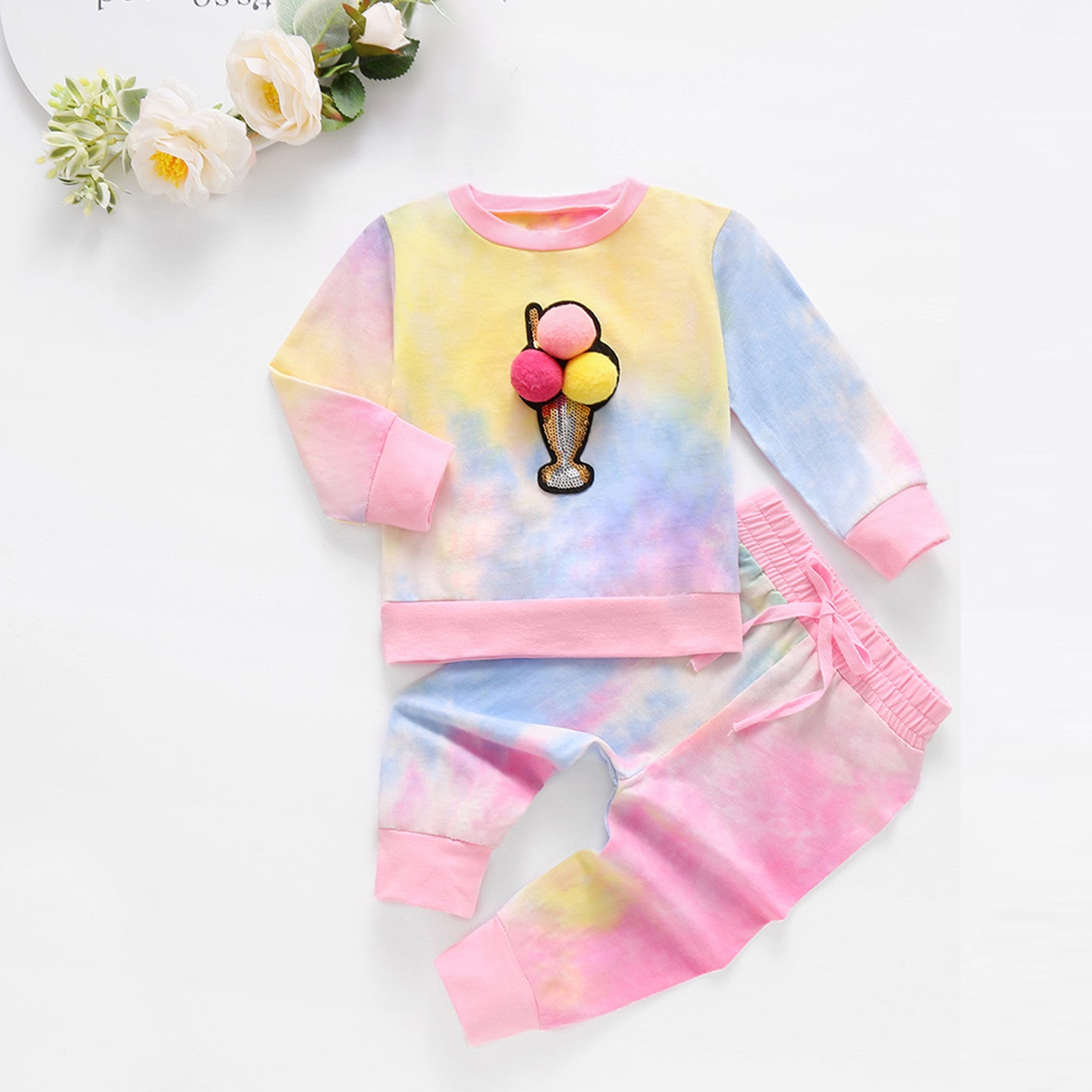 Children's Long-Sleeved Tie-Dye Ice Cream Printed Top  Pants Suit