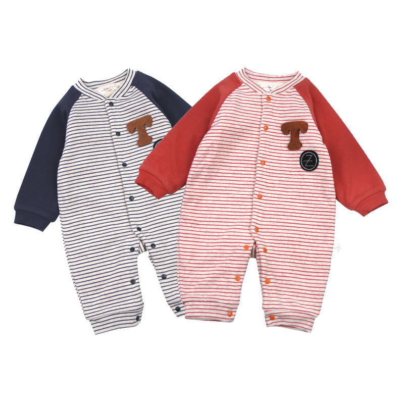 Striped Letter Embroidery And Velvet Warm Baby Jumpsuit