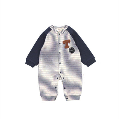 Striped Letter Embroidery And Velvet Warm Baby Jumpsuit