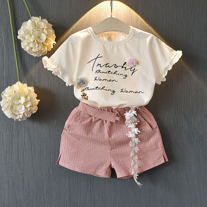 Girls Short Sleeve T-shirt Shorts Two-piece Suit