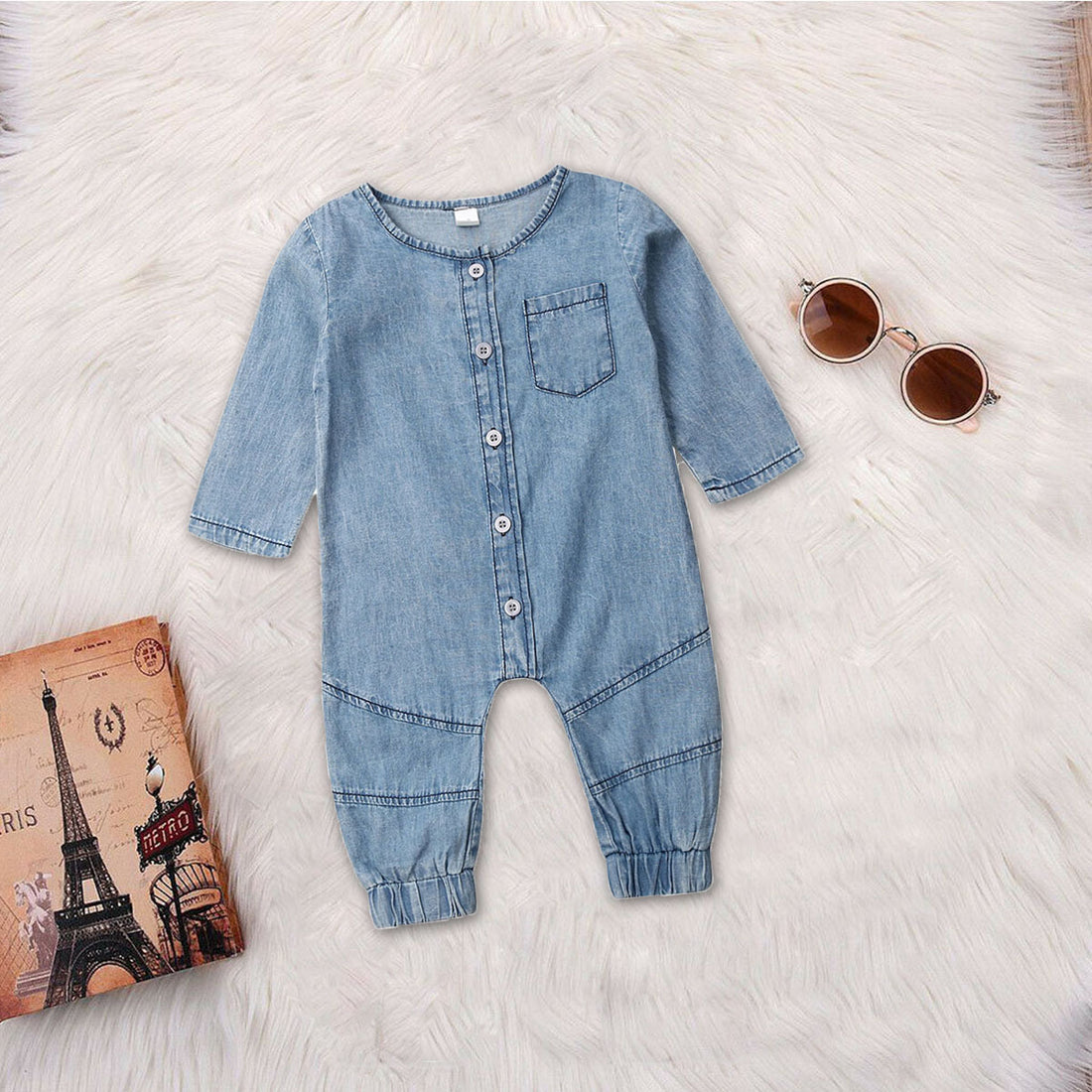 Denim Solid Color Stitching Long-sleeved Round Neck One-piece Romper