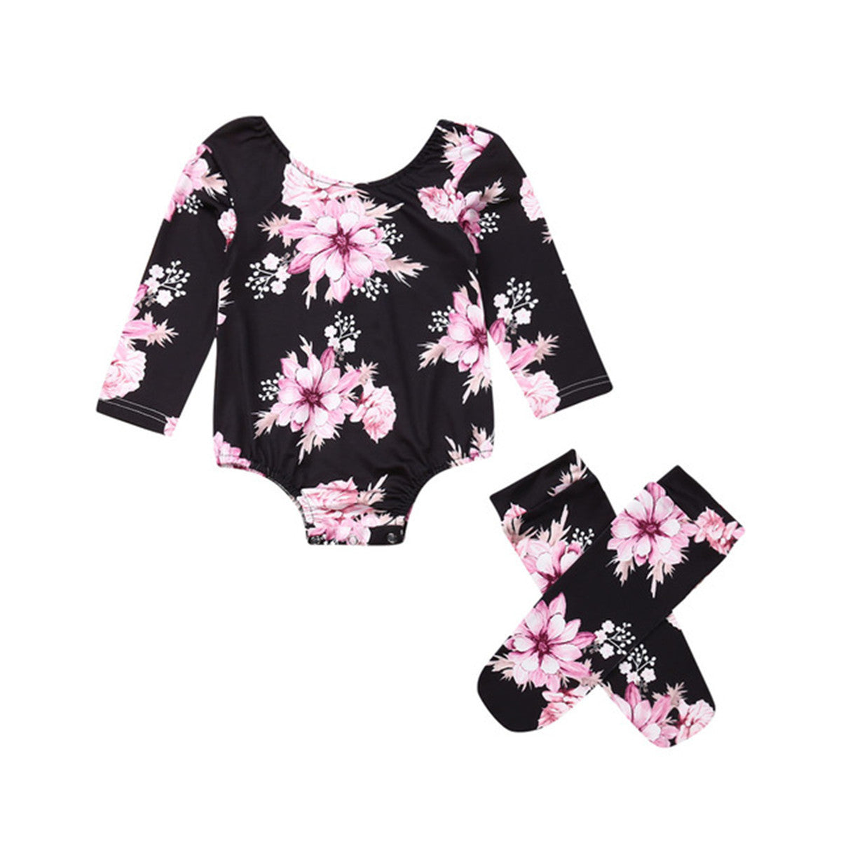 Girls Spring And Autumn Two-Piece Long-Sleeved Floral Romper And Tights