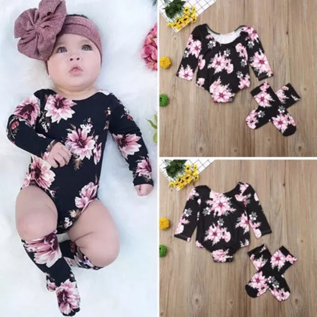 Girls Spring And Autumn Two-Piece Long-Sleeved Floral Romper And Tights