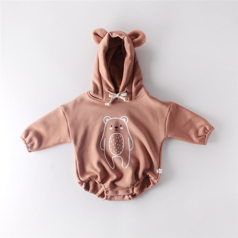 Cartoon Big Bear Print Long Sleeved Hooded Jumpsuit