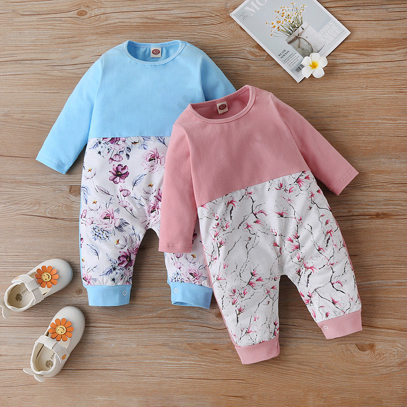 Infant Autumn and Winter Small Fresh Print Color-Blocking Romper One-Piece Romper