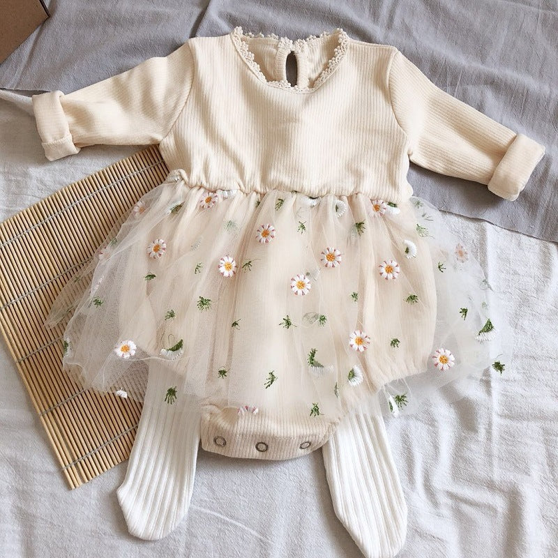 Infant Children Spring and Autumn Long-sleeved Mesh Embroidered Pne-piece Romper