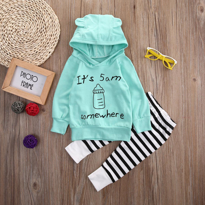 Long Sleeve Green Baby Bottle Hooded Sweatshirt Striped Pants