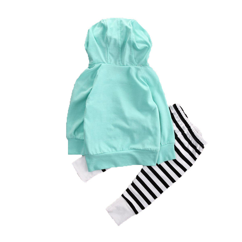 Long Sleeve Green Baby Bottle Hooded Sweatshirt Striped Pants