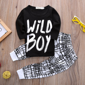 Two Piece Cotton Letter WILDBOY Checkered Trousers For Infants