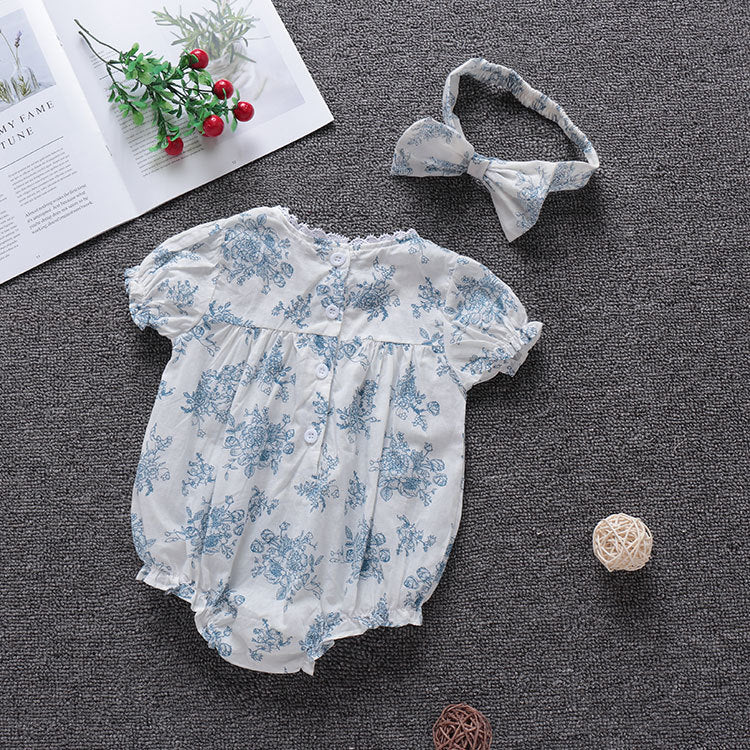 Short-sleeved Hand-painted Blue Flower Retro Cute Romper