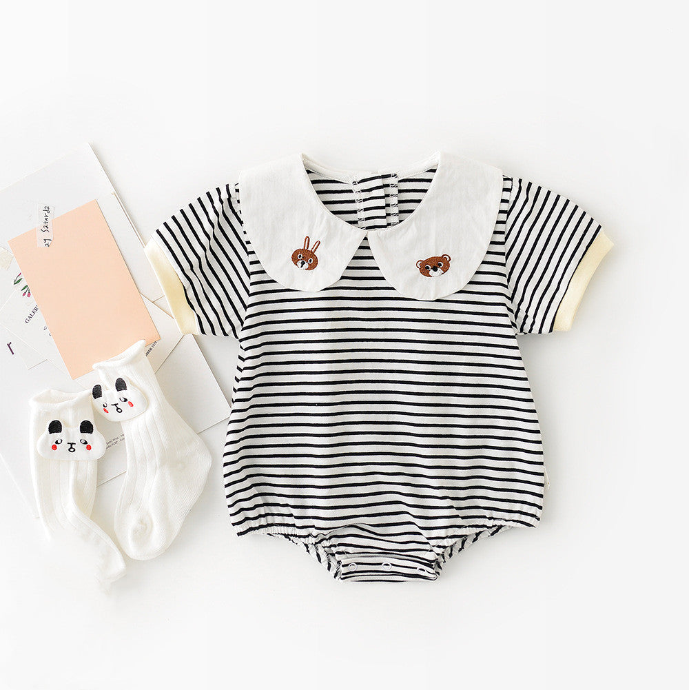 MILANCEL Summer New Baby Bodysuit Peter Pan Collar Cotton Toddle Jumpsuit Striped Short Sleeve Infant Clothes