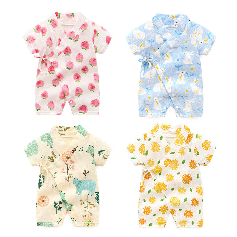 Baby Romper, Baby Short-Sleeved Kimono Romper, Soft And Breathable Crepe Printed One-Piece, Class A Quality