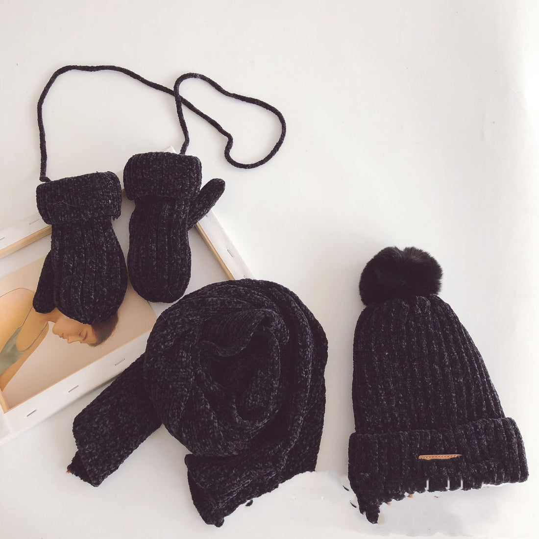 Hanfan Chenille Cowhide Standard Fur Ball Plus Velvet Thickening Children's Suit Knitted Hat Scarf Gloves Three-Piece Suit