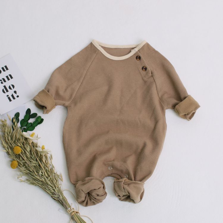 Infant Boys And Girls Waffle Comfortable And Simple One-Piece Baby Long-Sleeved Romper Romper