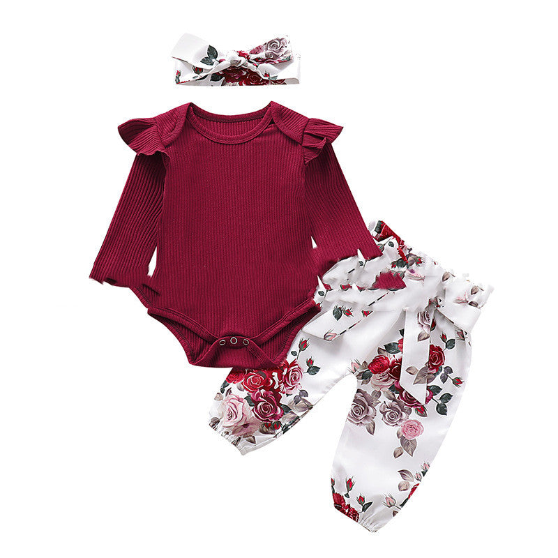 Three Piece Baby Girl Cotton Long Sleeved One Piece Romper Baby Trousers