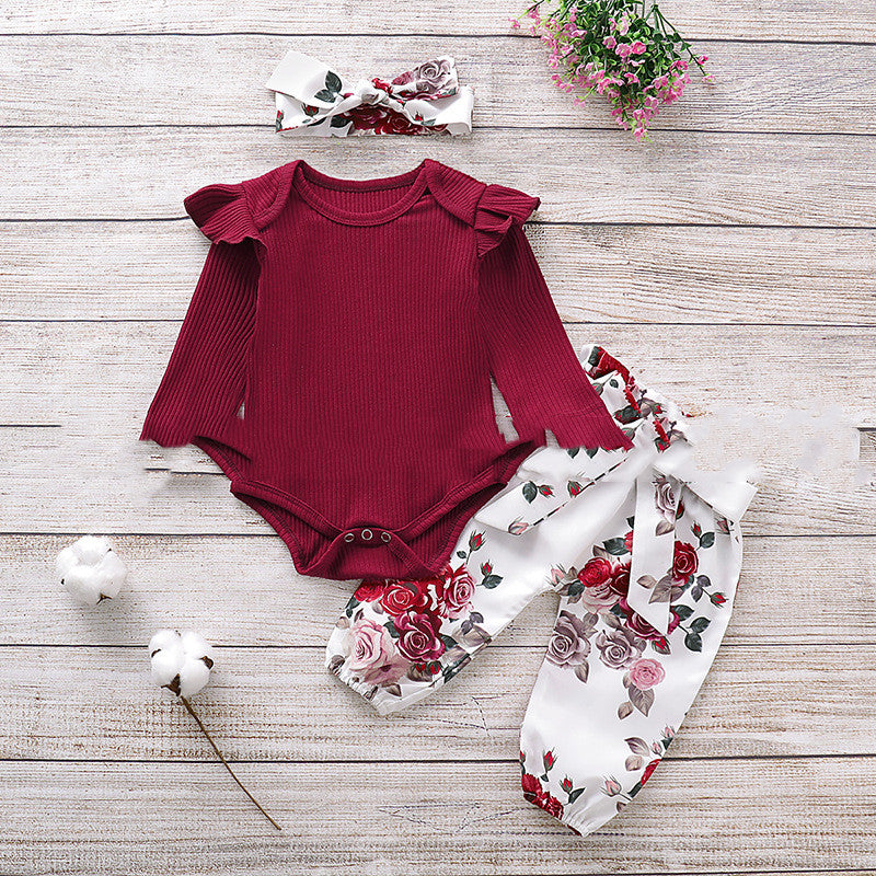 Three Piece Baby Girl Cotton Long Sleeved One Piece Romper Baby Trousers