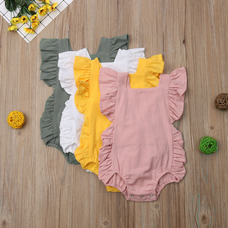 Ruffled solid color sleeveless backless baby jumpsuit