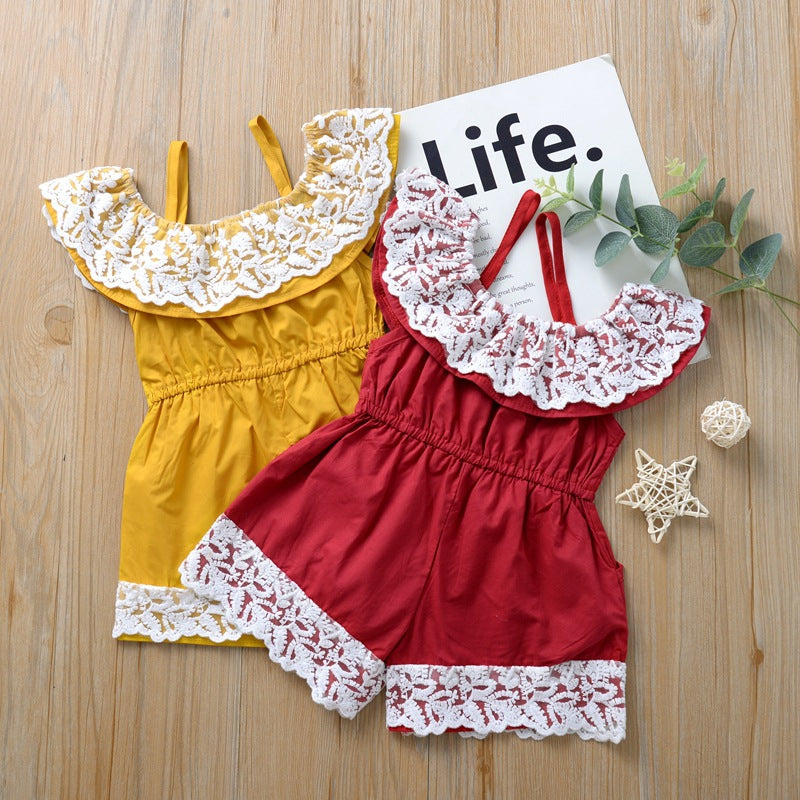 Children's Clothing Jumpsuit One-shoulder Strap Lace