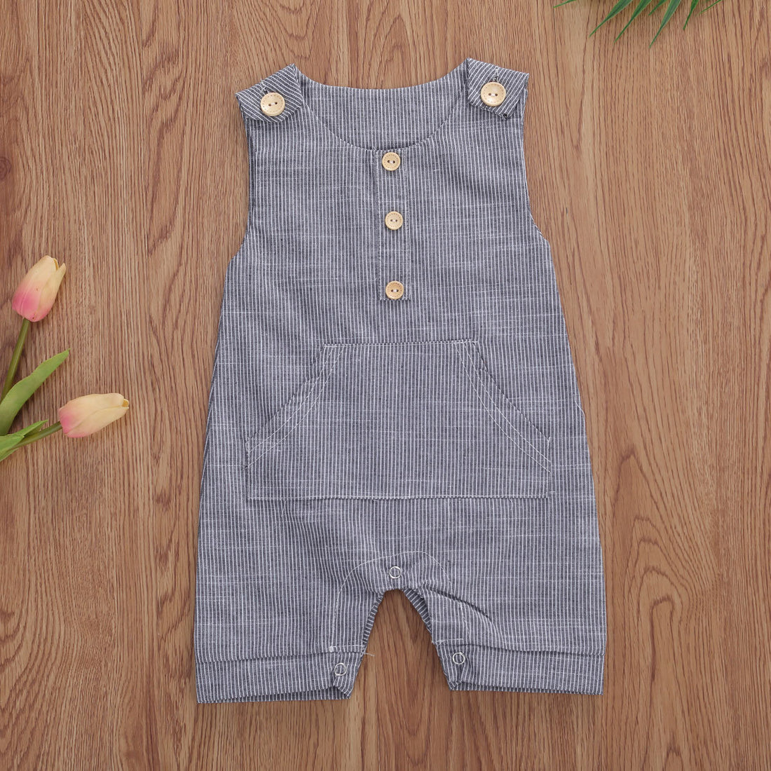 Infant Sleeveless Cotton And Linen Button Striped Vest And Shorts Set