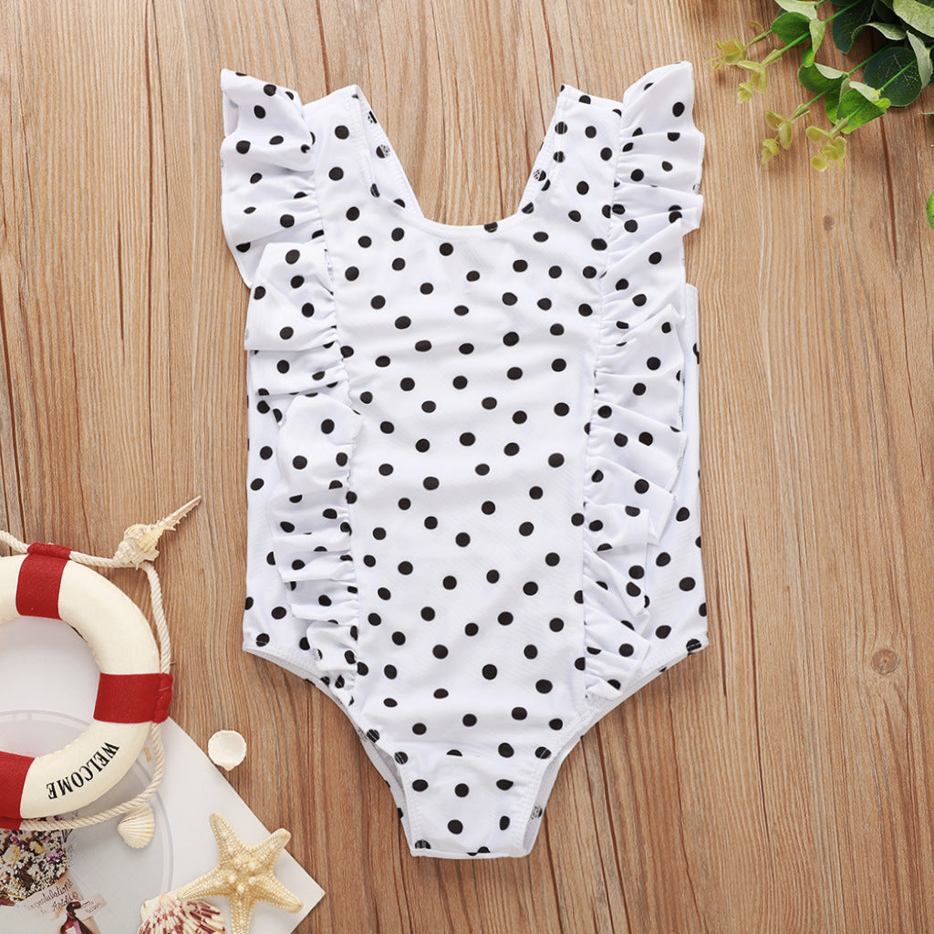 Girls Black And White Polka Dot One-piece Triangle Crawl Swimsuit