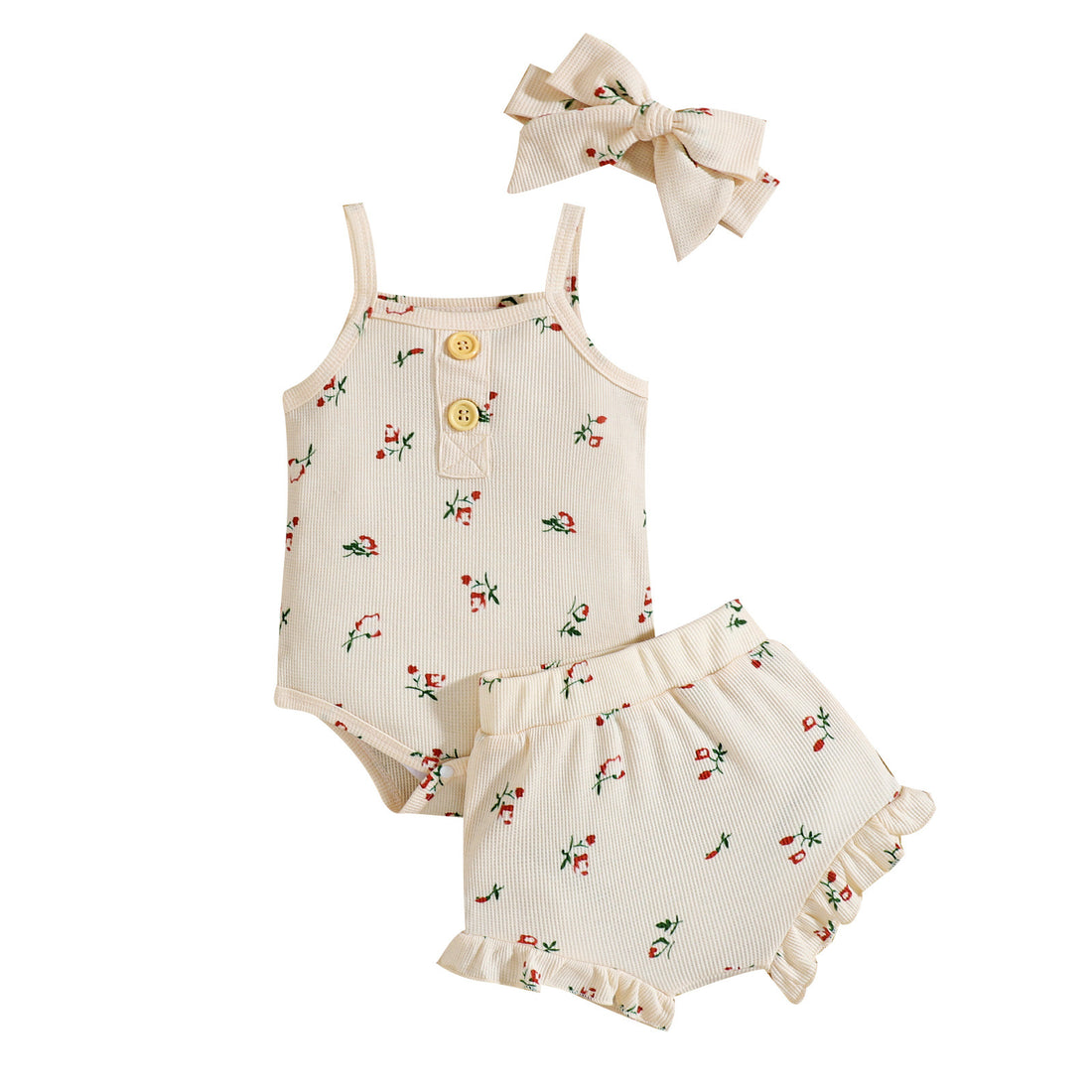 Infant Set Waffle Floral Print Suspenders Three Piece Set