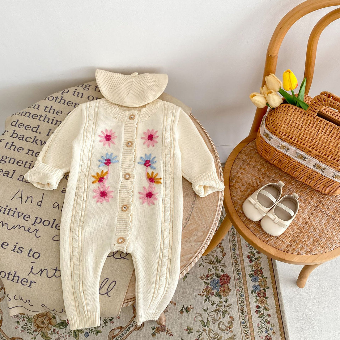 Baby Girls' Handmade Embroidery Knitted Jumpsuit