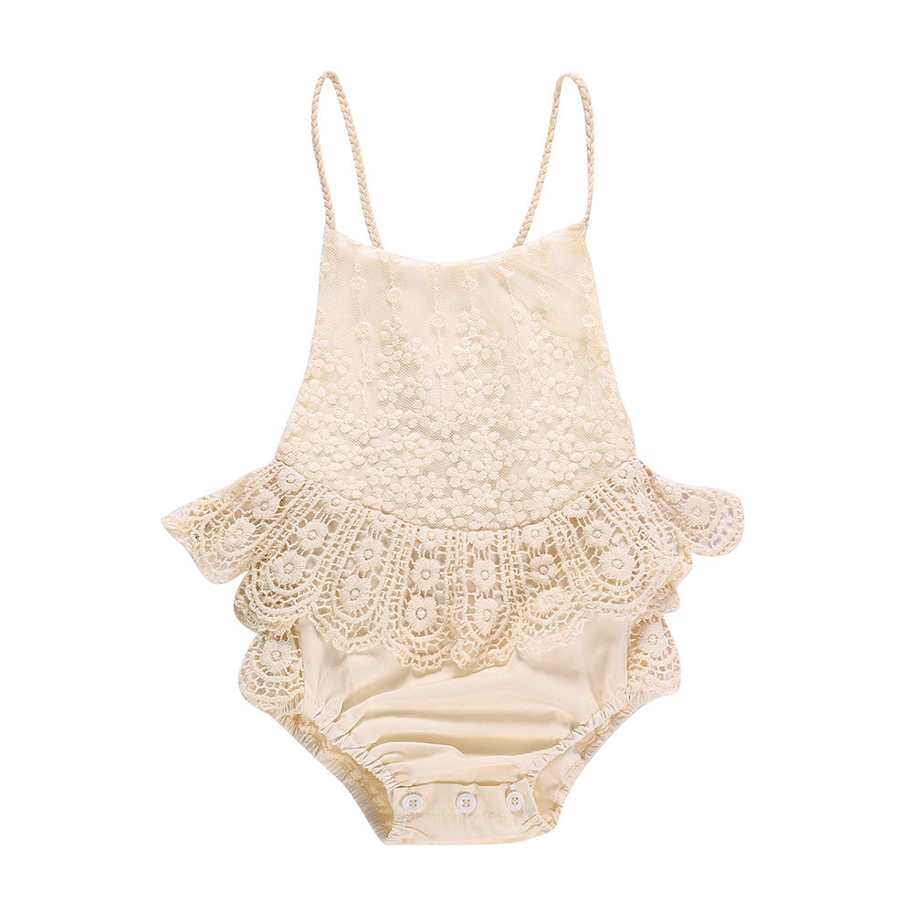 Baby Jumpsuit Summer Beige Lace Dress Baby Girl Rompers Strap Backless Triangle Rompers Onesie Korean Style