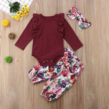 Zinnia Set 3PCS Newborn Baby Girls Red Tops Solid Romper Floral Pants Headband Outfits Autumn Set Clothes