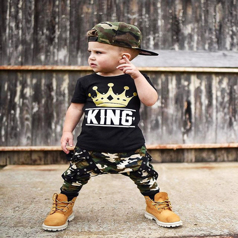 Summer Short-sleeved Black Top Casual Camouflage Pants Boys Suit