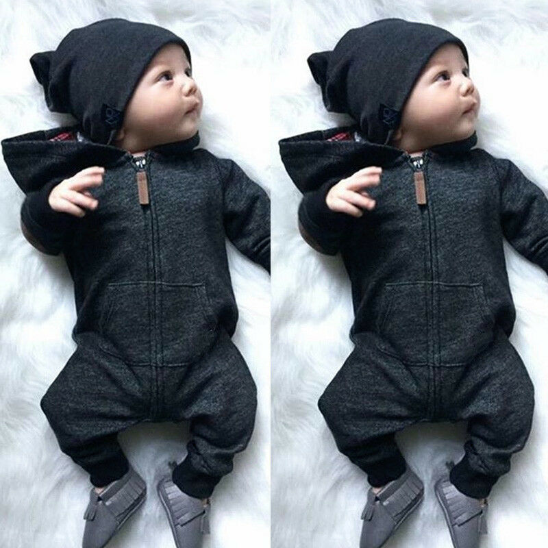 Pure color black cool long-sleeved hooded romper