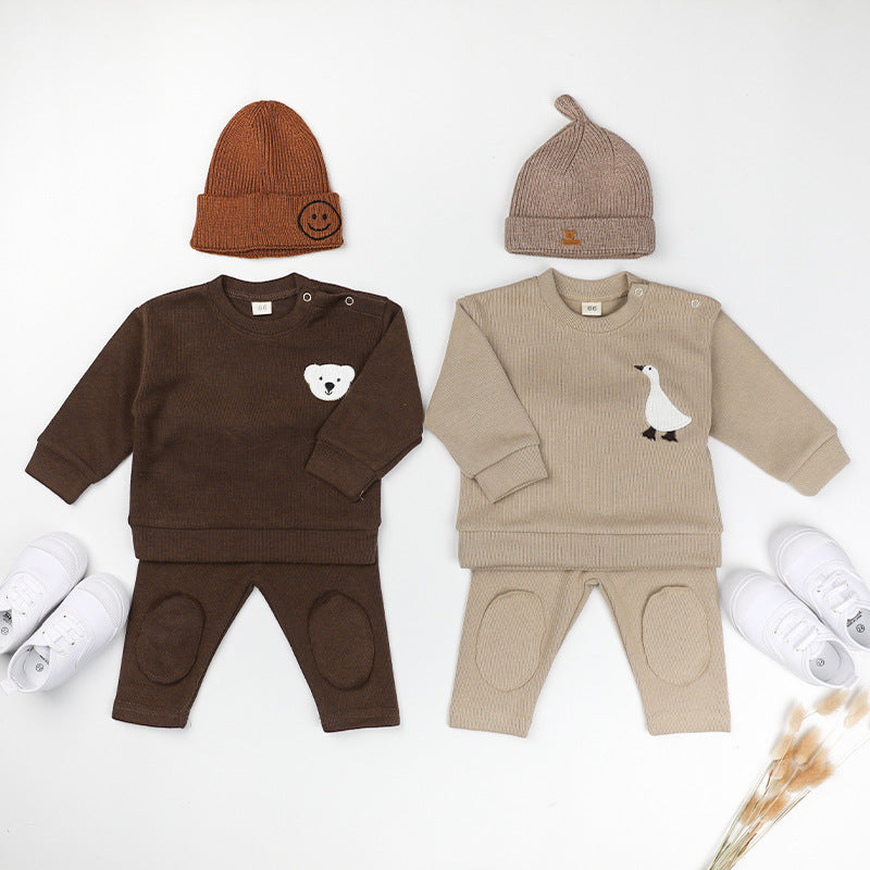 Rice Wool Material Bear Goose Embroidered Baby Two-piece Set