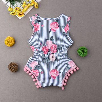 Rose print romper Striped and small ball decoration romper