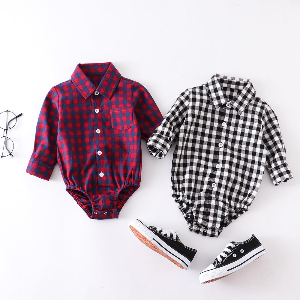 Autumn And Winter Plaid Baby Boy Romper Long-sleeved Shirt
