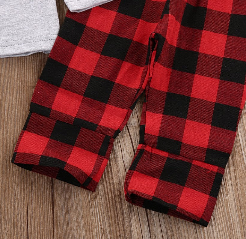 Plaid Moose Hat   T-shirt  Pants 3pcs Baby Outfit Set