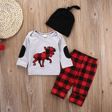 Plaid Moose Hat   T-shirt  Pants 3pcs Baby Outfit Set