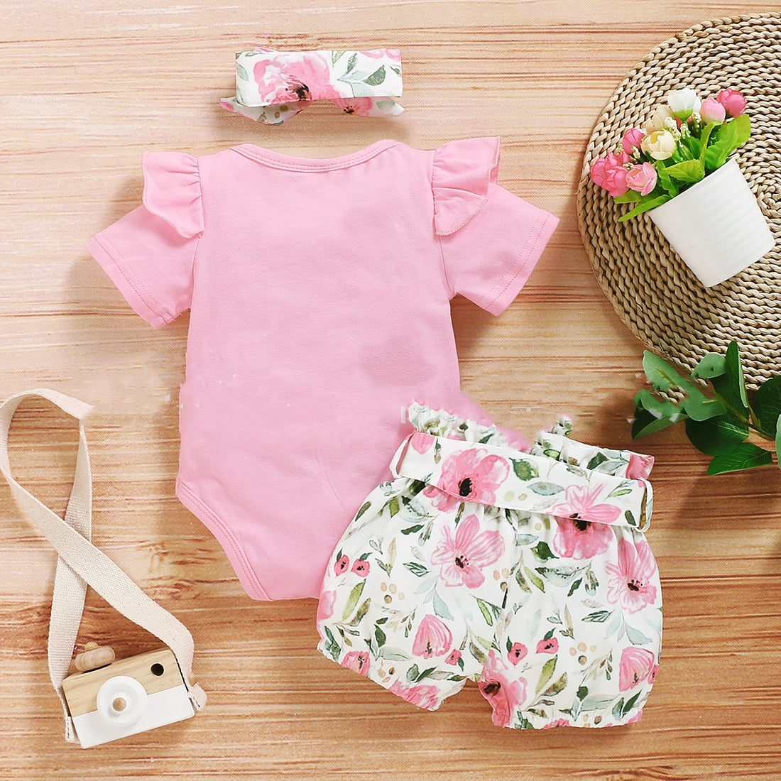 Cute Suit Baby Girl Flower Summer Printing Letter Cotton Three-piece Set