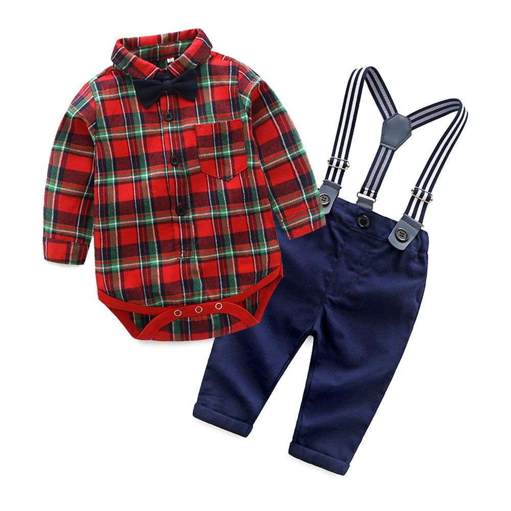 Gentleman European And American Plaid Shirt Bib Suit