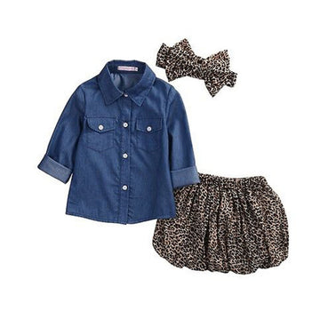 Autumn Children's Clothing Girls' Faux Denim Long-sleeved Shirt Leopard Skirt Headband Children's Three-piece Suit