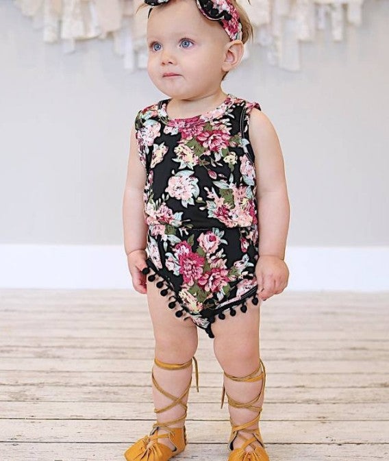 Dark Floral Set Infant Flower Print One-piece Romper Headwear