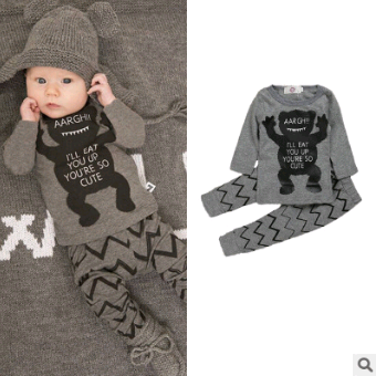 European and American baby clothes spring and autumn long-sleeved T-shirt letter print stripe set