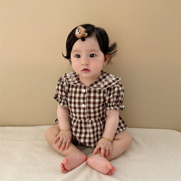 Baby  Embroidered Lapel Plaid Romper