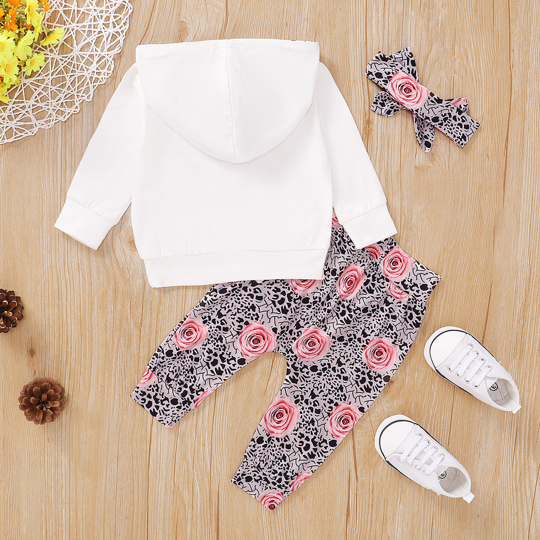 Infant Sweater Hooded Long Sleeve White Pants Set With Flowers