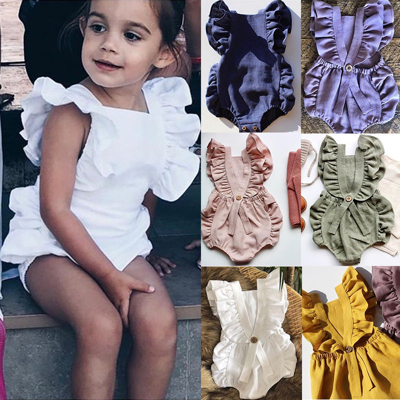 Ruffled solid color sleeveless backless baby jumpsuit