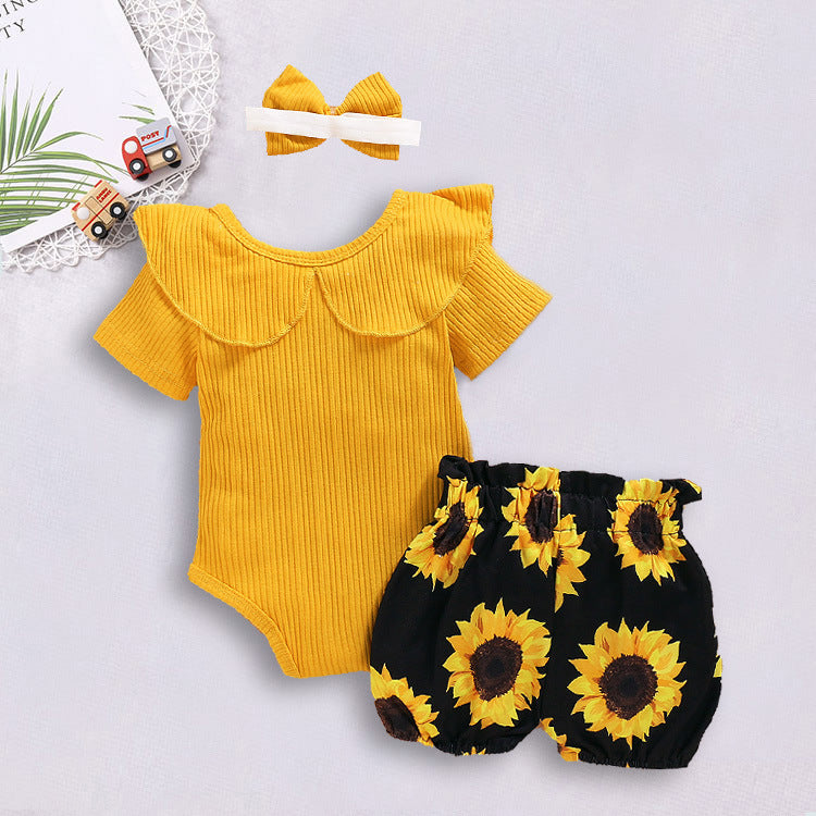 Pit striped top flower print shorts baby bodysuit